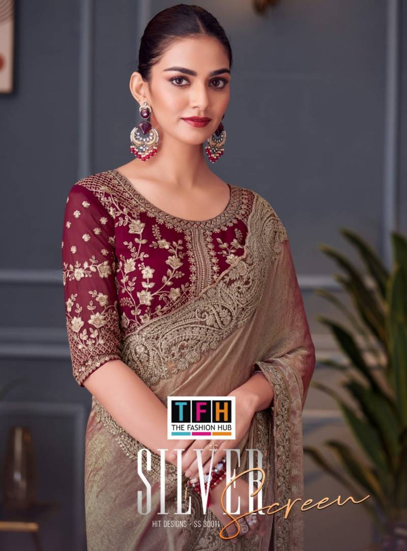 Tfh Silver Screen 30011 Hit Glass Feel Silk Designer Saree Collection
