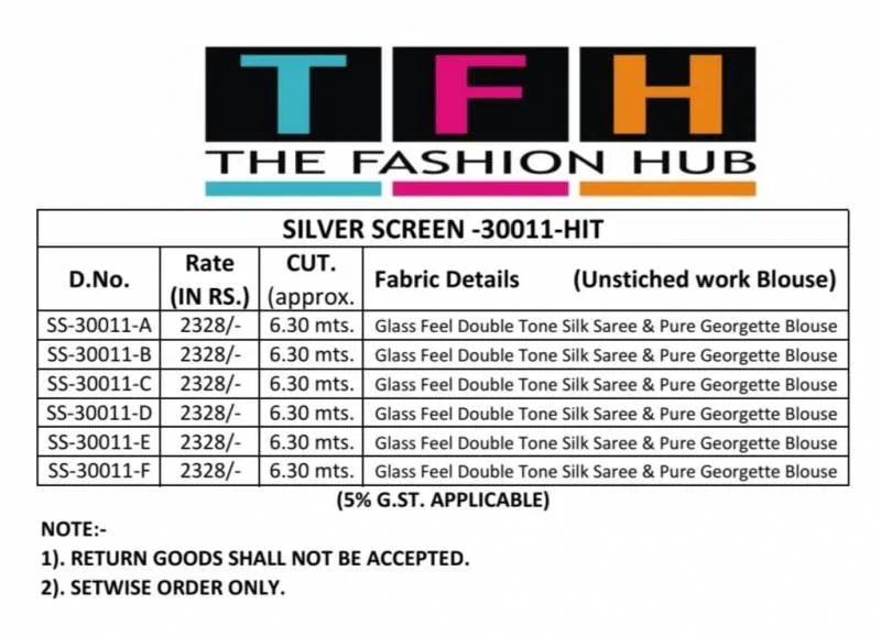 Tfh Silver Screen 30011 Hit Glass Feel Silk Designer Saree Collection