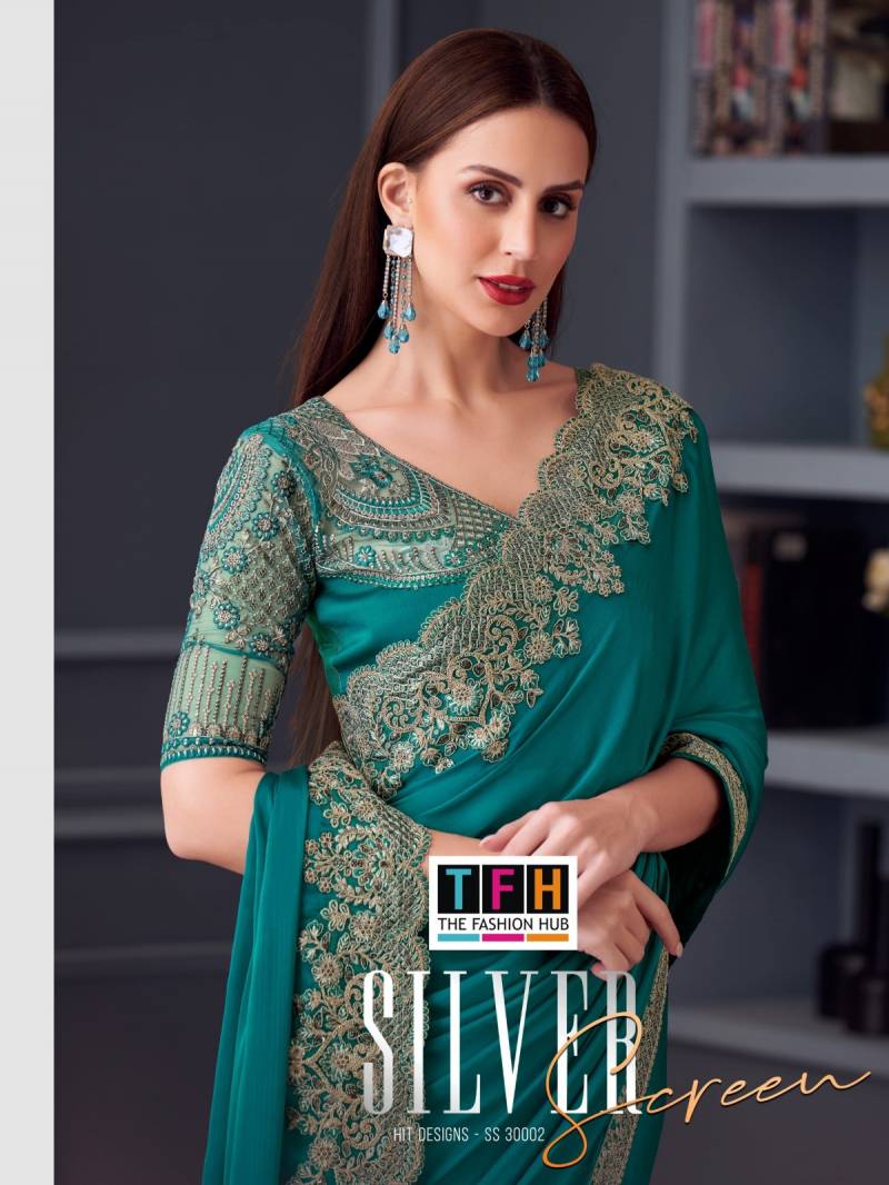 Tfh Silver Screen Hit 30002 Silk Chiffon Party Wear Saree Collection