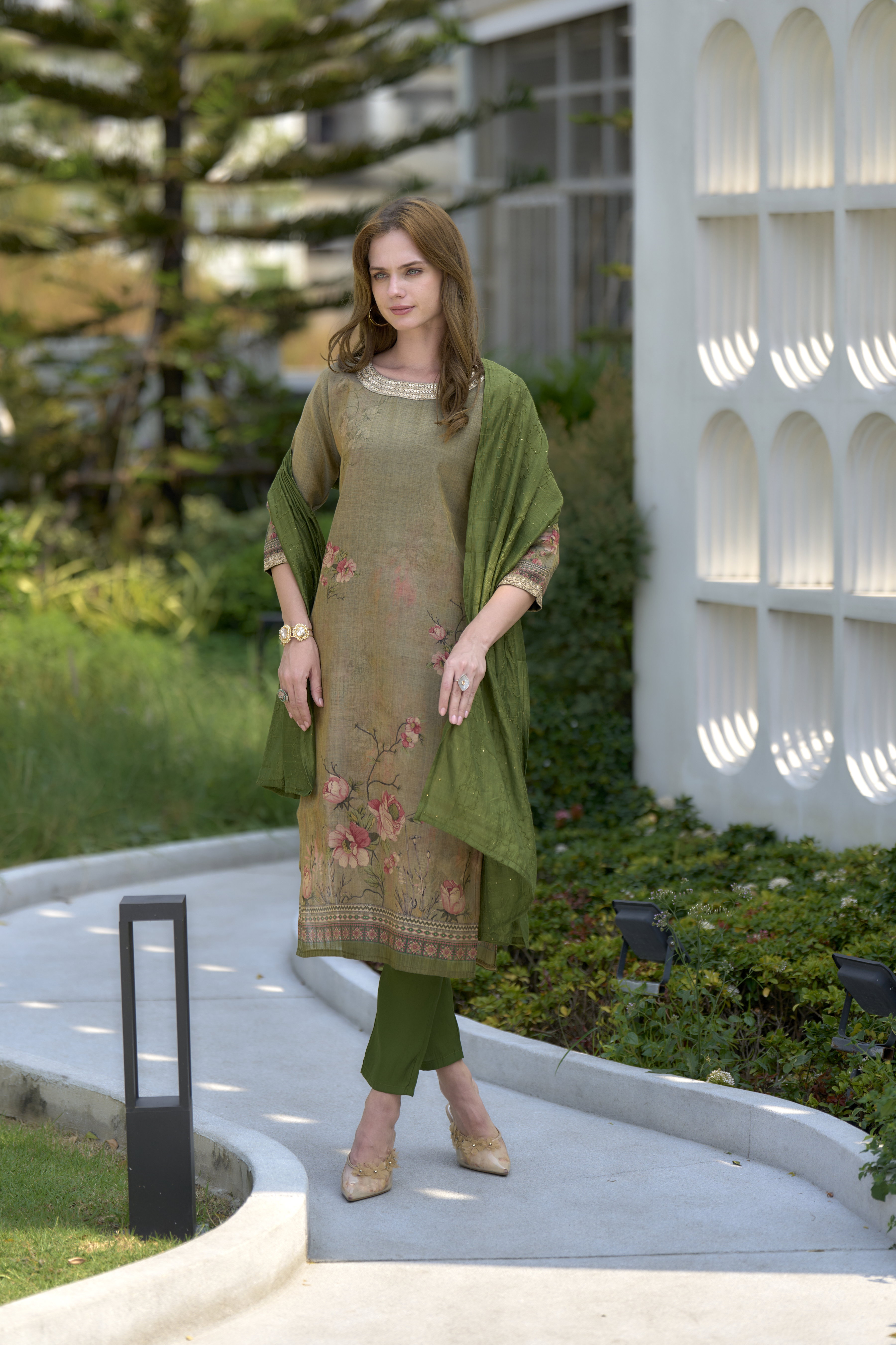 Shiv RY 2018 Moss Green Tissue With Floral Print And Embroidery Kurti Bottom With Dupatta