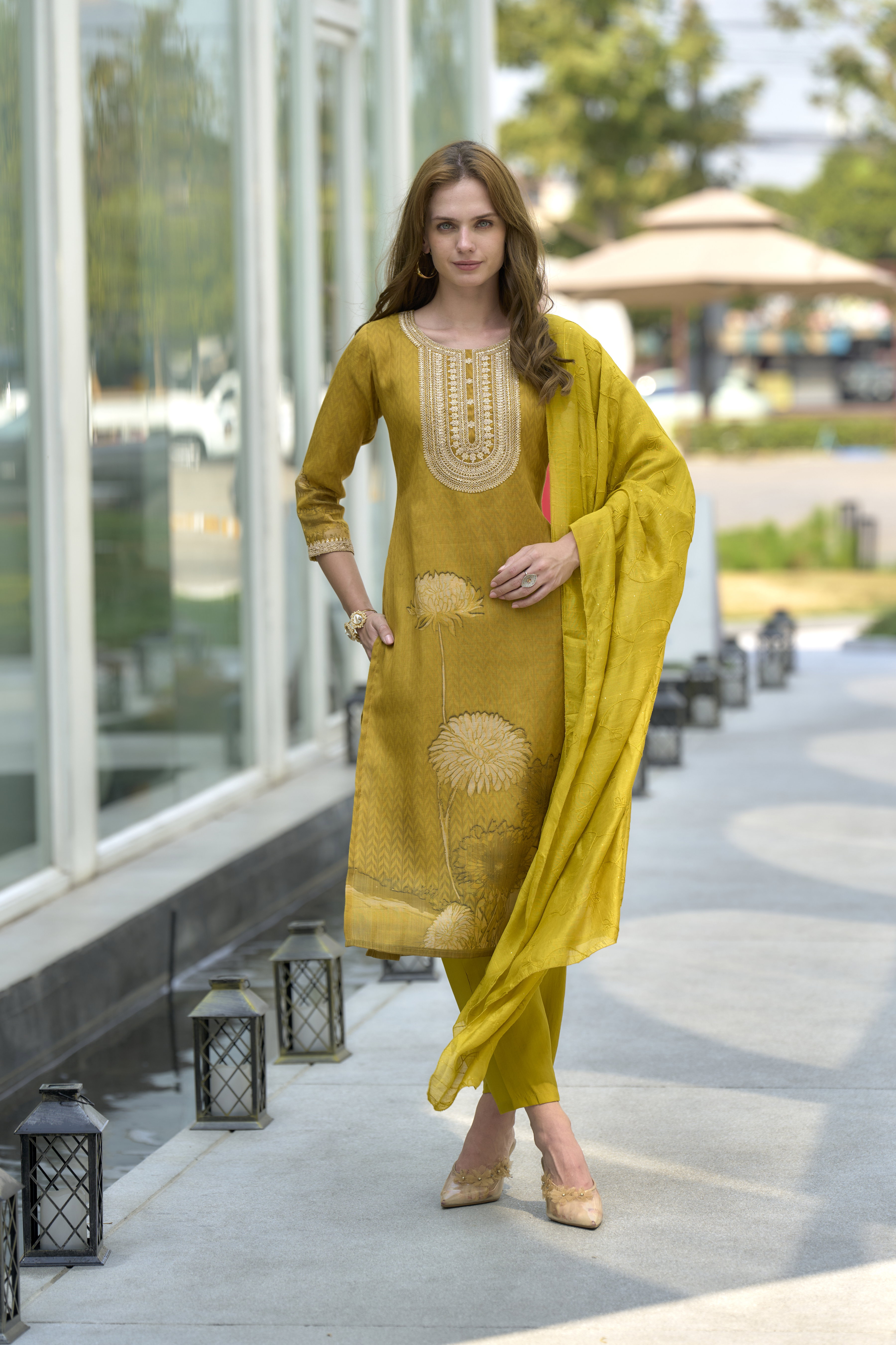 Shiv RY 2019 Mustard Yellow Tissue Floral Printed Kurti Bottom With Dupatta