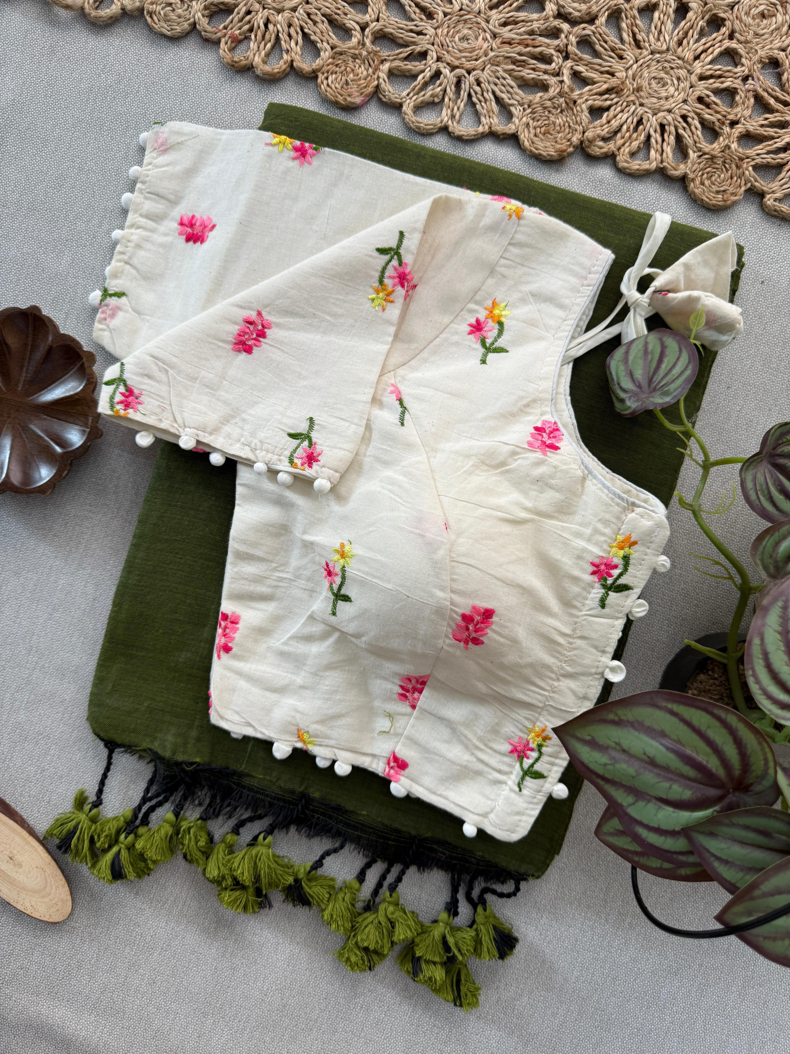 Lekha Cf 157 Khadi Cotton Plain Saree With Embroidery Readymade Blouse