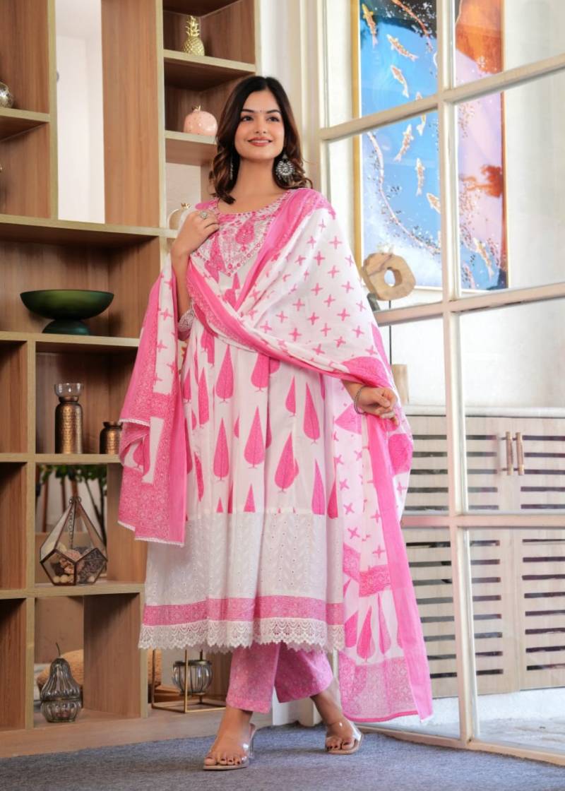 Naisha K 292 Anarkali Cotton Printed Kurti Pant And Dupatta