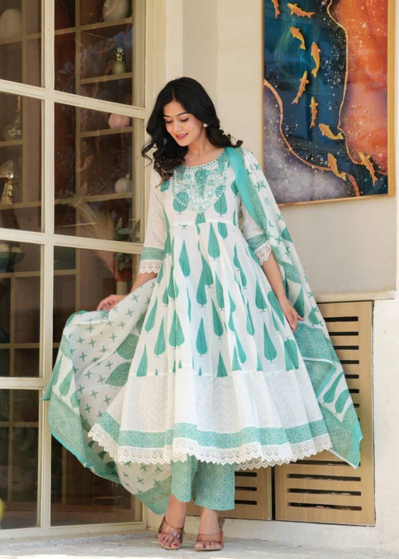 Naisha K 292 Anarkali Cotton Printed Kurti Pant And Dupatta