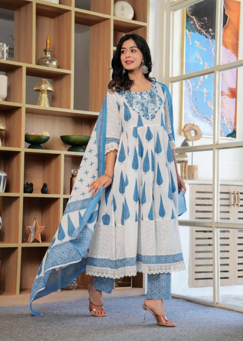 Naisha K 292 Anarkali Cotton Printed Kurti Pant And Dupatta