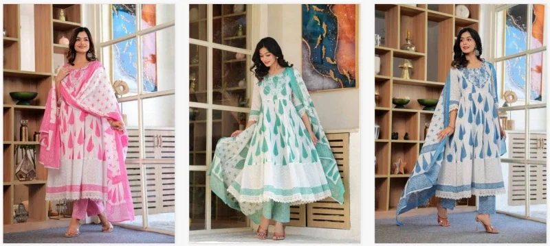 Naisha K 292 Anarkali Cotton Printed Kurti Pant And Dupatta