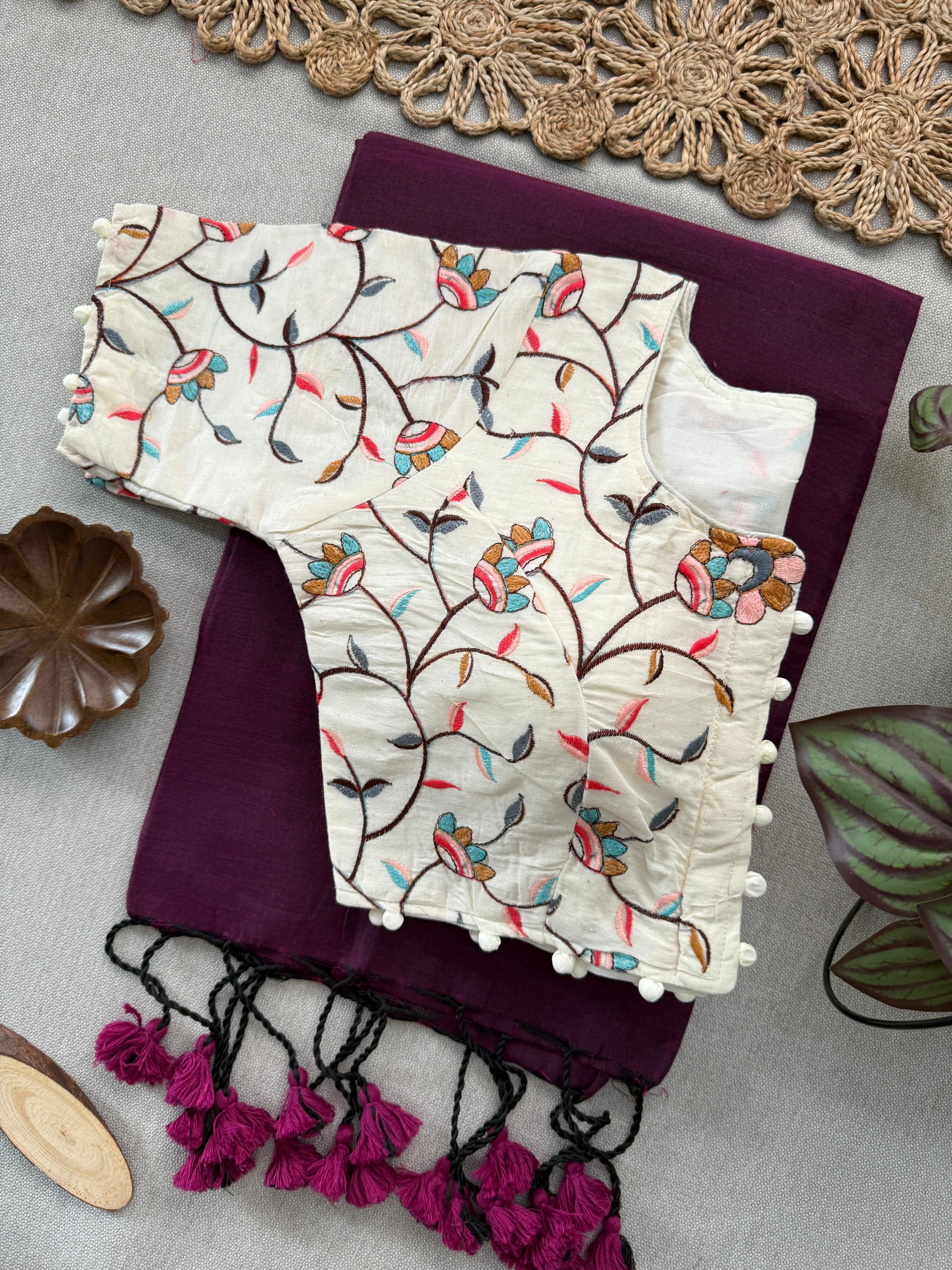 Lekha Cf 160 Khadi Cotton Plain Saree With Embroidery Readymade Blouse