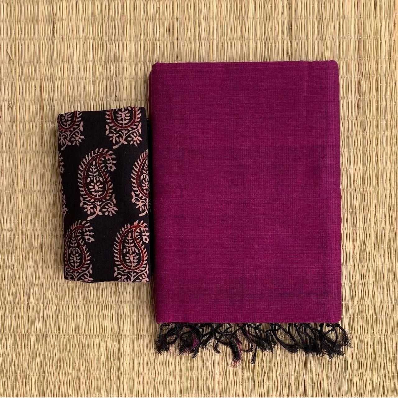 Lekha CF 161 Khadi Cotton Plain Saree With Printed Blouse