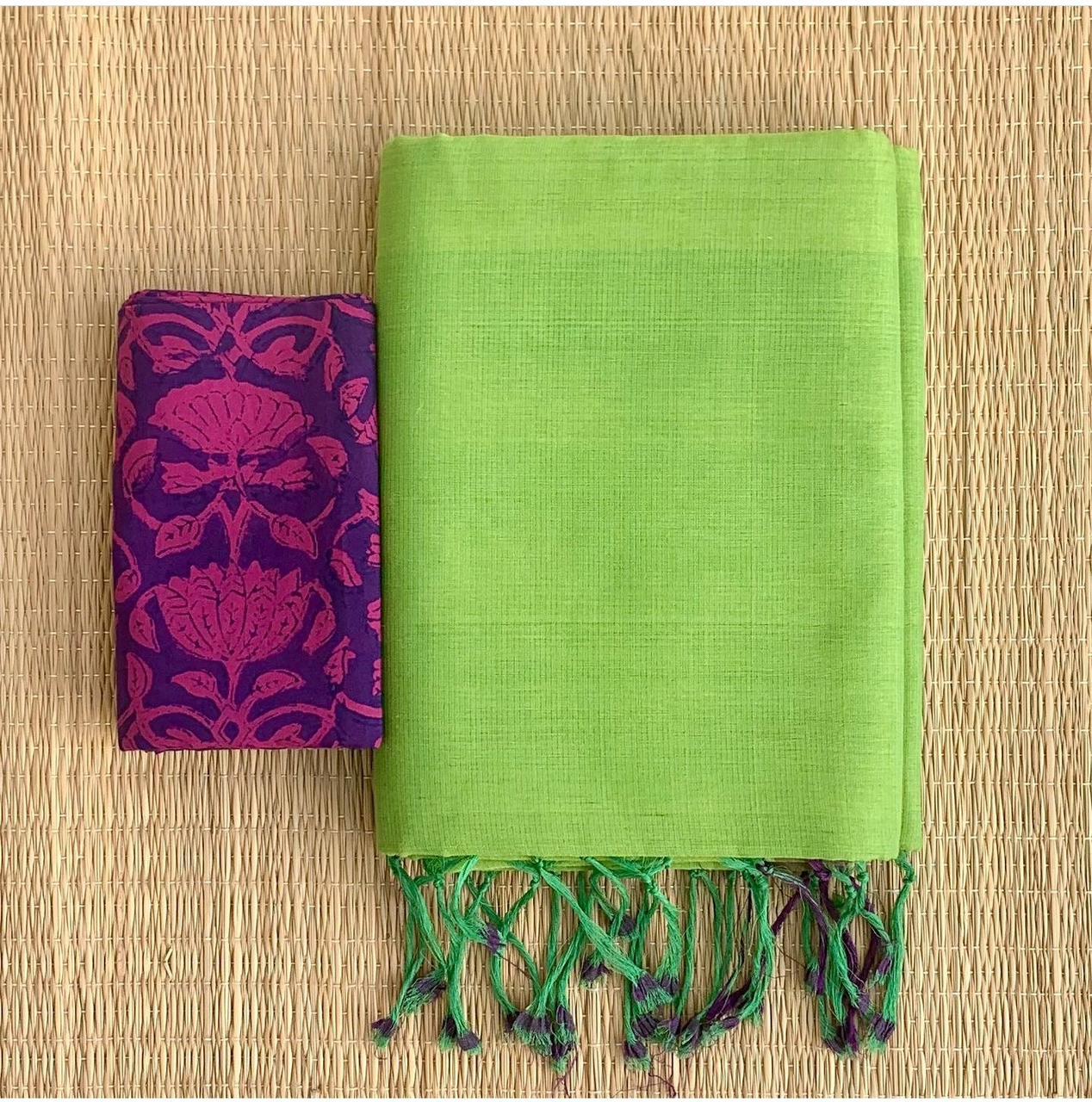 Lekha CF 161 Khadi Cotton Plain Saree With Printed Blouse