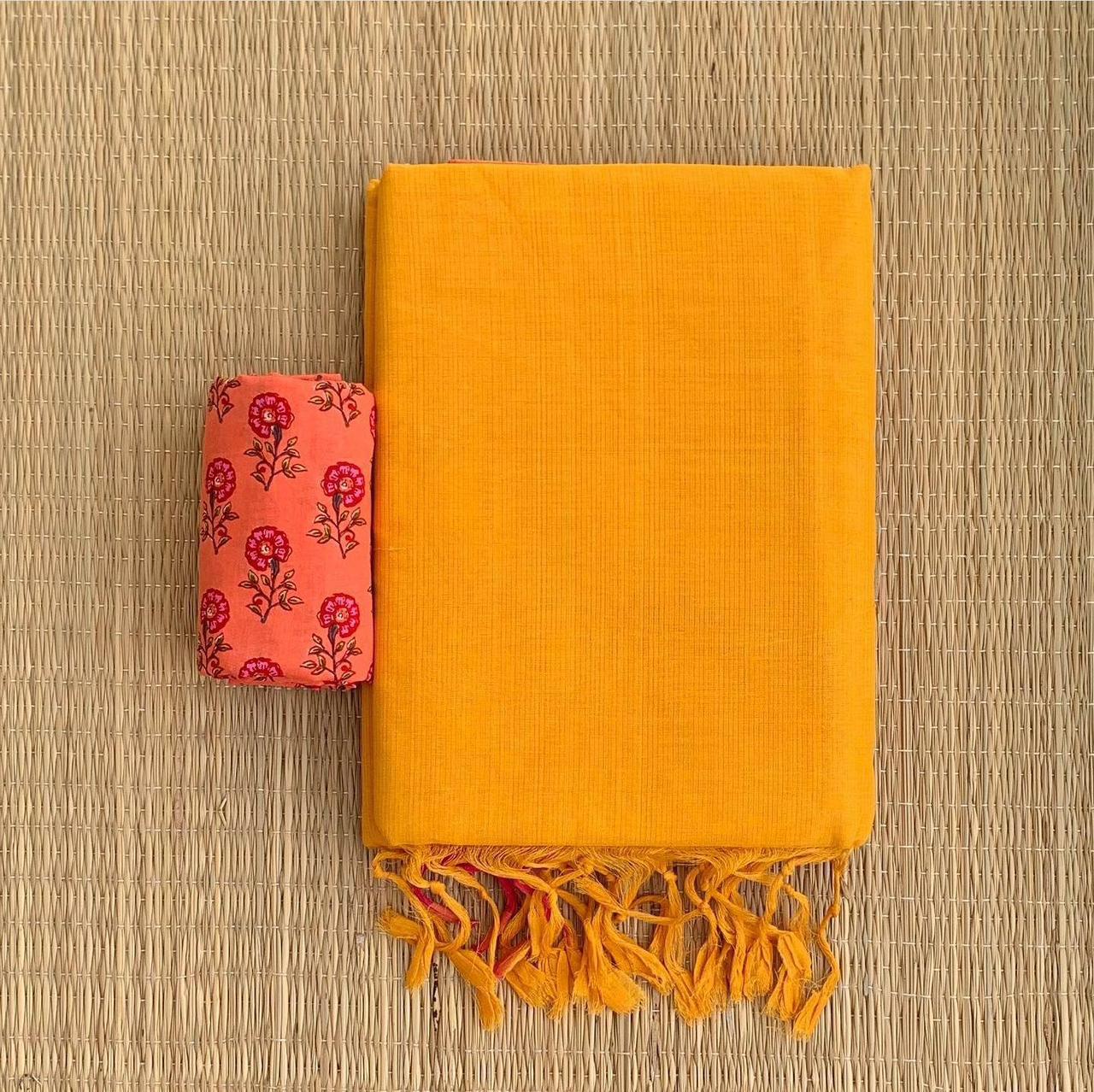 Lekha CF 161 Khadi Cotton Plain Saree With Printed Blouse