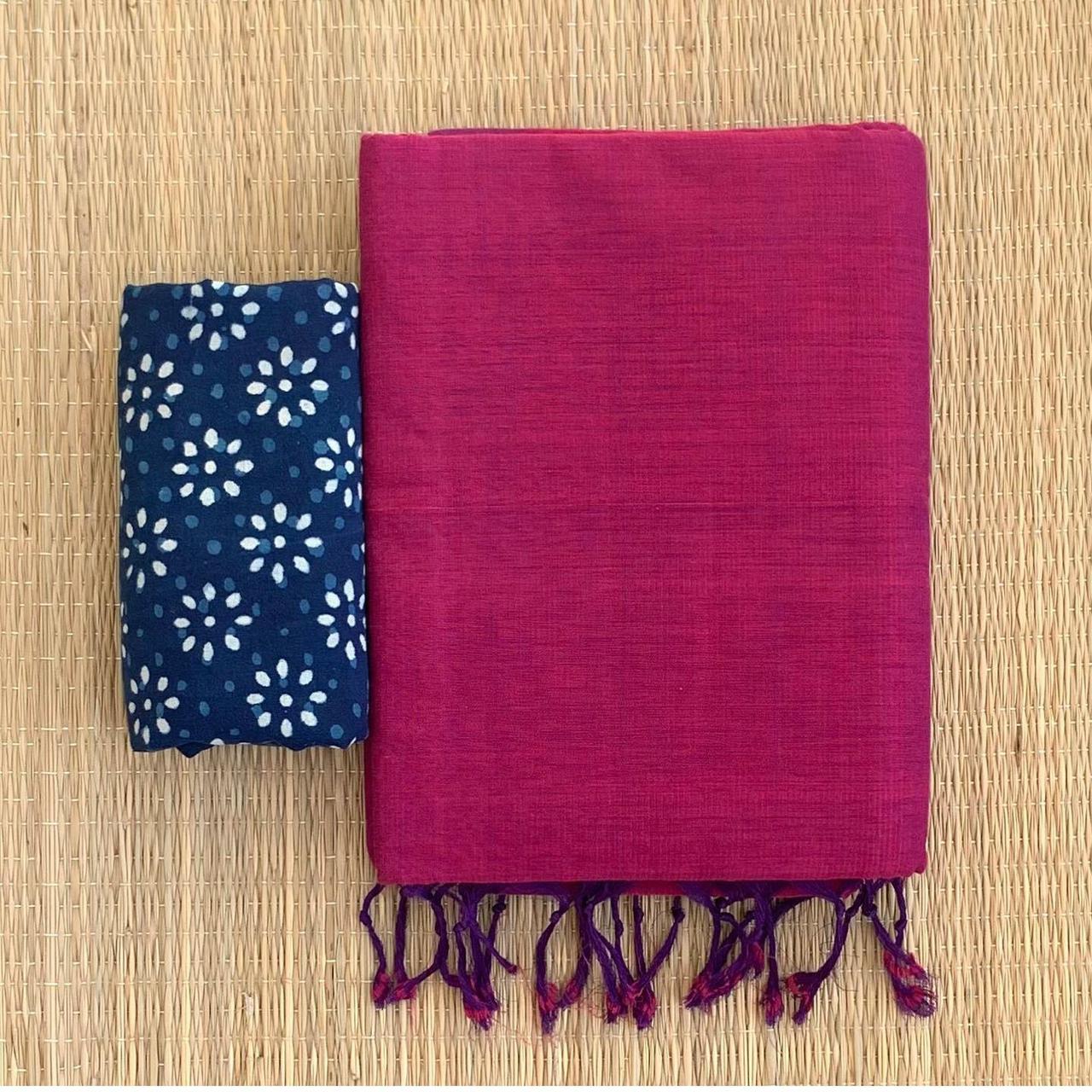 Lekha CF 161 Khadi Cotton Plain Saree With Printed Blouse