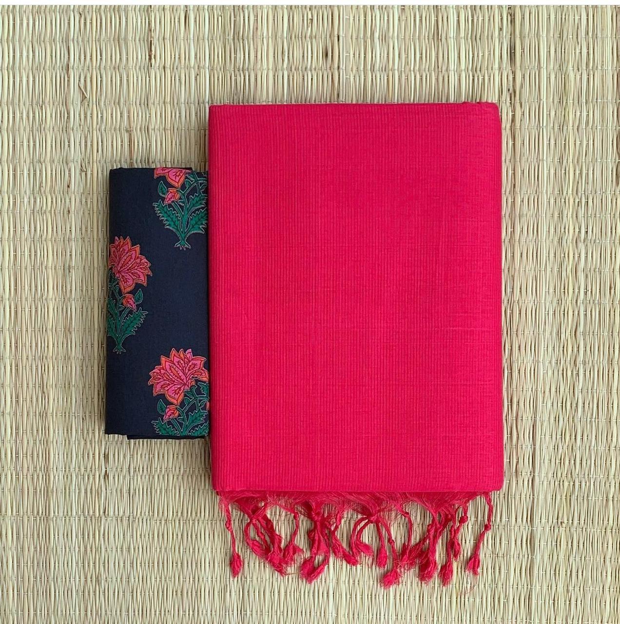 Lekha CF 161 Khadi Cotton Plain Saree With Printed Blouse