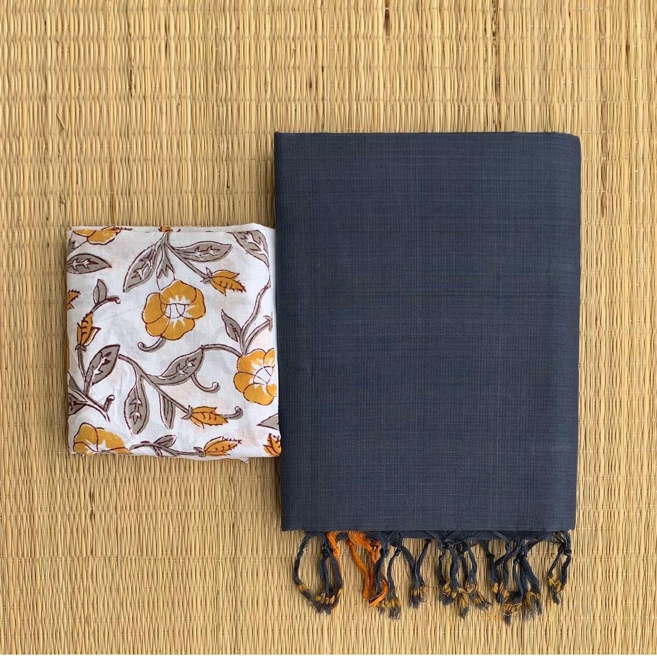 Lekha CF 161 Khadi Cotton Plain Saree With Printed Blouse