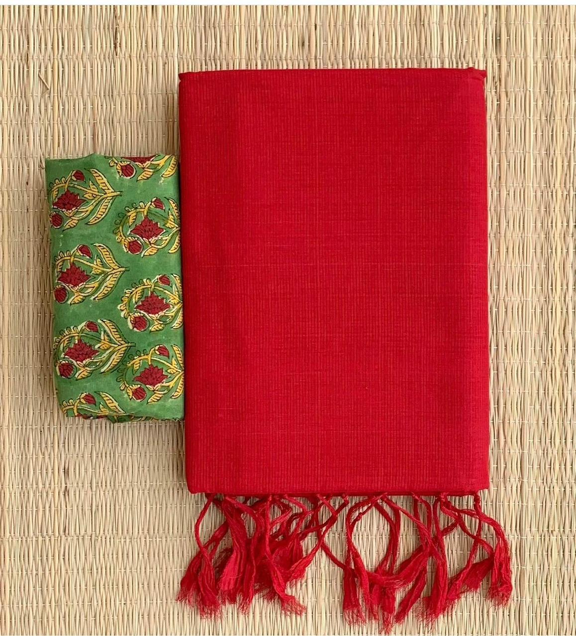 Lekha CF 161 Khadi Cotton Plain Saree With Printed Blouse