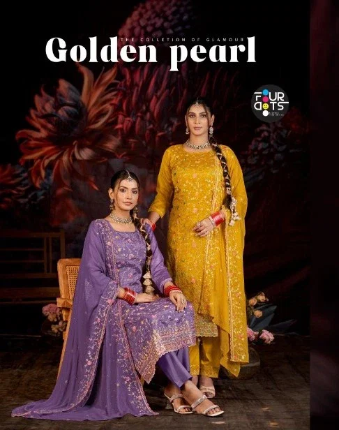 Four Dots Golden Pearl Glass Organza Designer Dress Material Collection