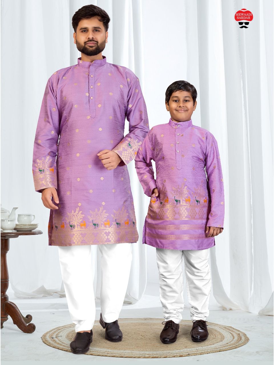Lekha LI Rajwada Silk Jacquard Daman Printed Kids And Mens Combo Kurta