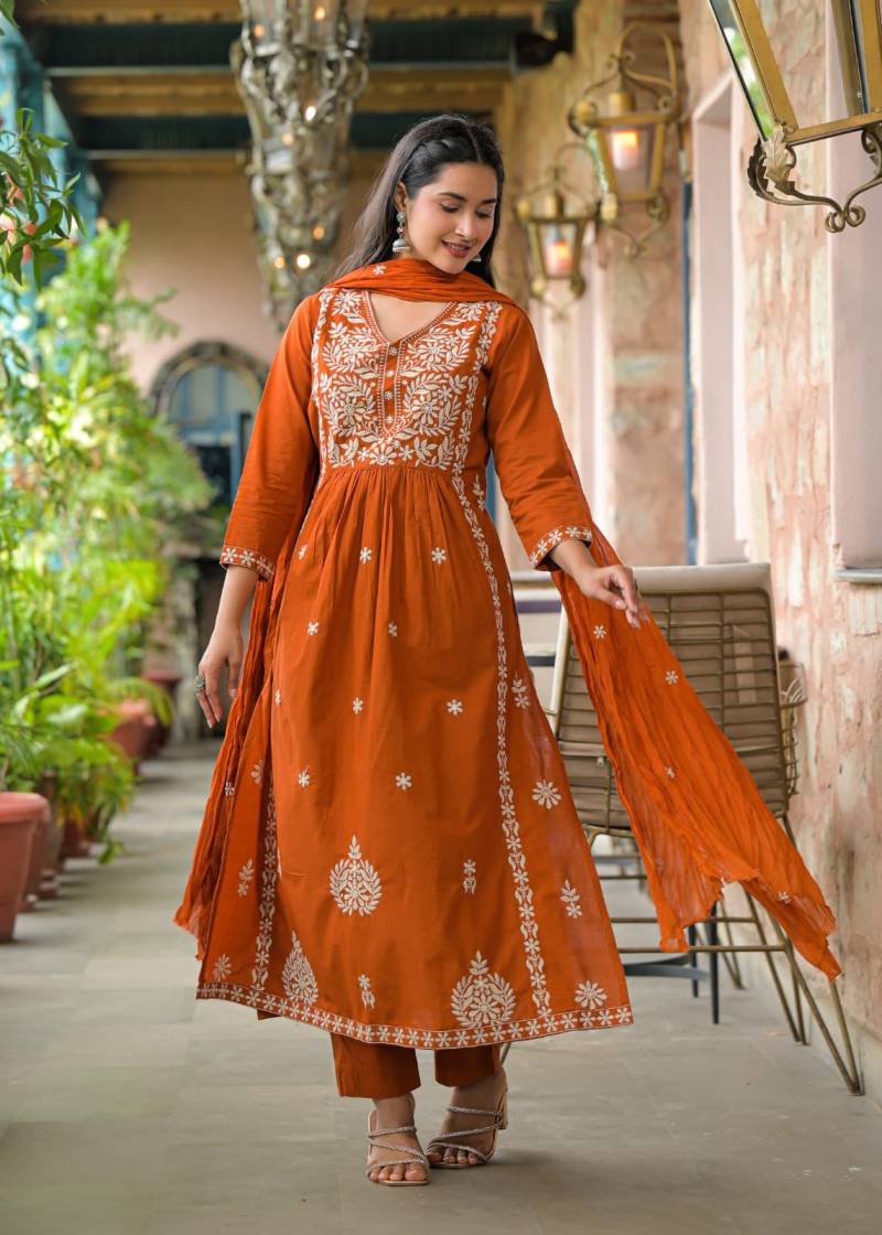 Naisha K 299 Cotton Embroidered Kurti Pant And Dupatta Collection