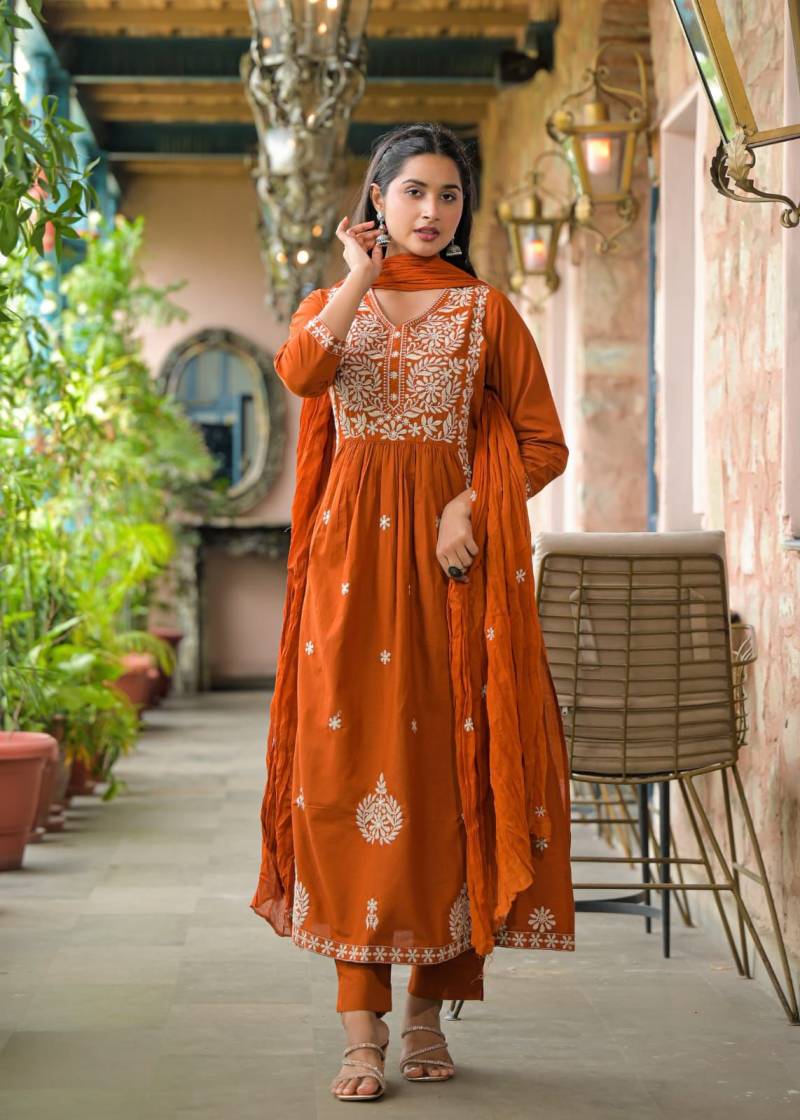 Naisha K 299 Cotton Embroidered Kurti Pant And Dupatta Collection