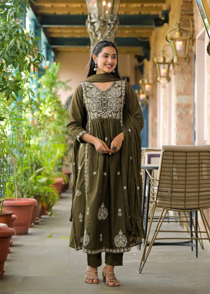 Naisha K 299 Cotton Embroidered Kurti Pant And Dupatta Collection