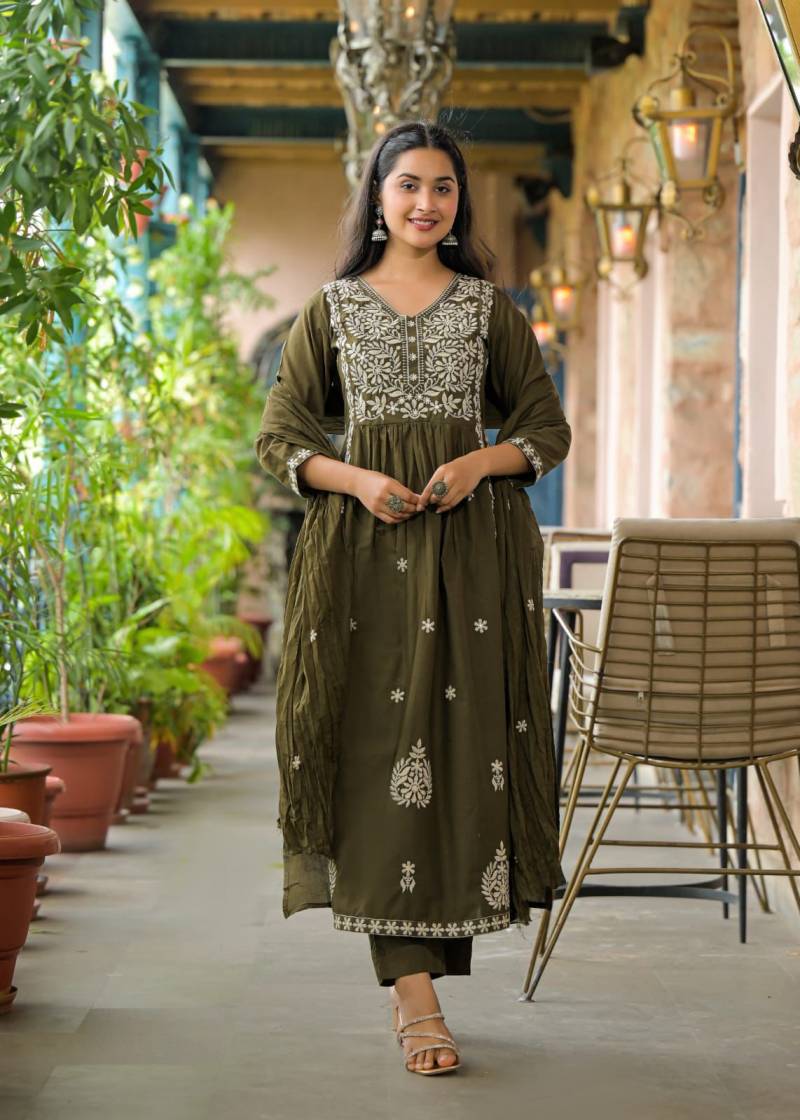 Naisha K 299 Cotton Embroidered Kurti Pant And Dupatta Collection
