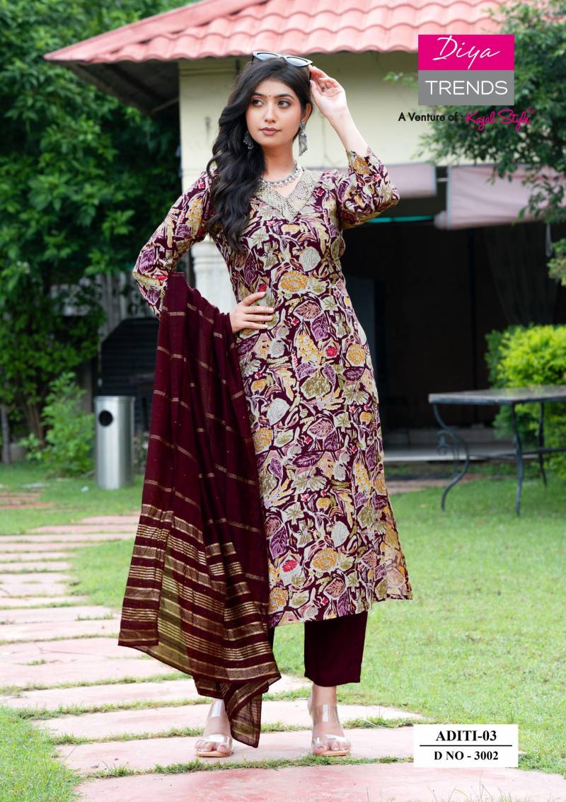 Aditi Vol 3 By Diya Trends Rayon Print Casual Wear Kurti Pant And Dupatta