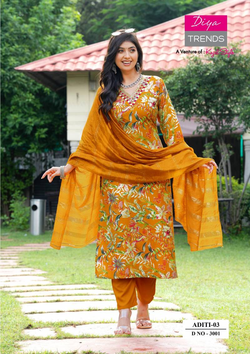 Aditi Vol 3 By Diya Trends Rayon Print Casual Wear Kurti Pant And Dupatta