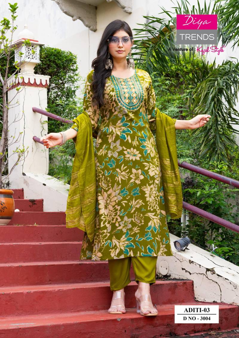 Aditi Vol 3 By Diya Trends Rayon Print Casual Wear Kurti Pant And Dupatta