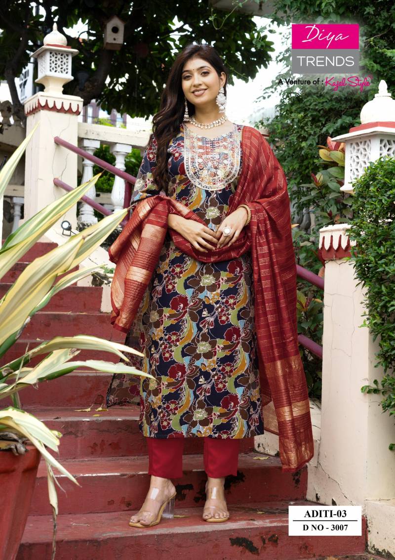 Aditi Vol 3 By Diya Trends Rayon Print Casual Wear Kurti Pant And Dupatta