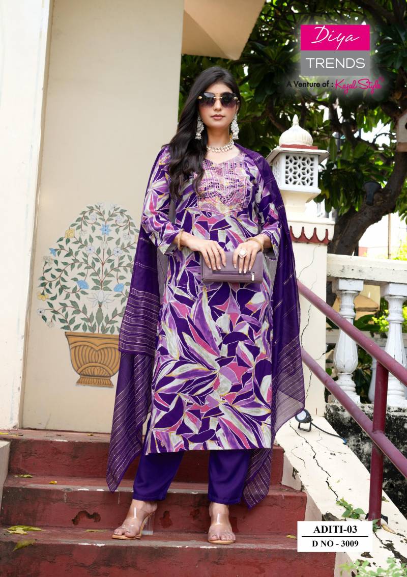 Aditi Vol 3 By Diya Trends Rayon Print Casual Wear Kurti Pant And Dupatta