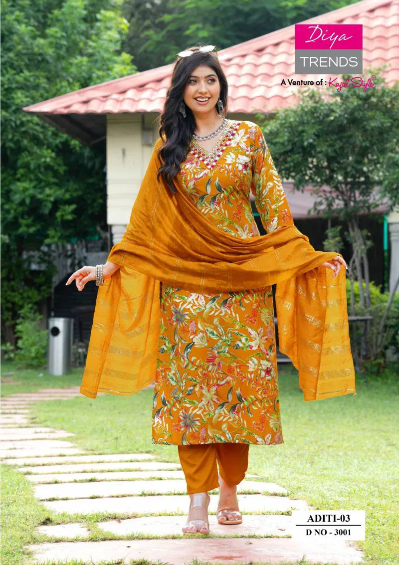 Aditi Vol 3 Plus Size By Diya Trends Rayon Print Casual Wear Kurti Pant And Dupatta