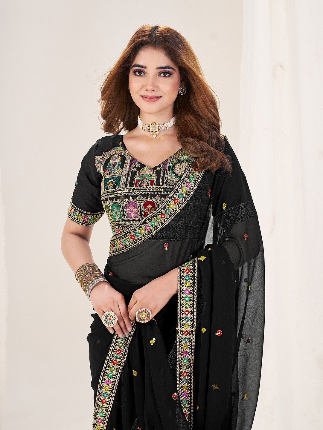 Shee Star 03 Georgette Silk Embroidery Work Wedding Wear Saree