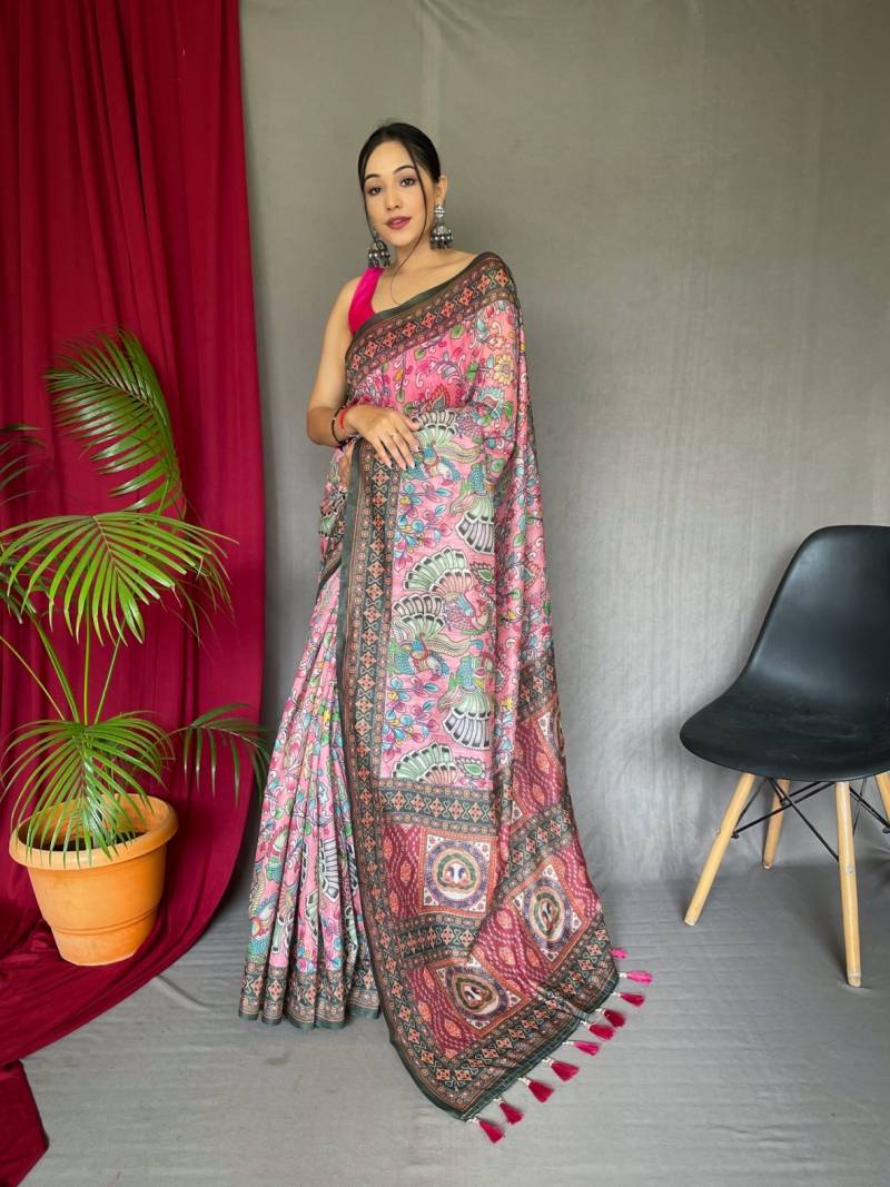 Sctf Bandhani Kalam Malai Cotton Kalamkari Patterns Saree