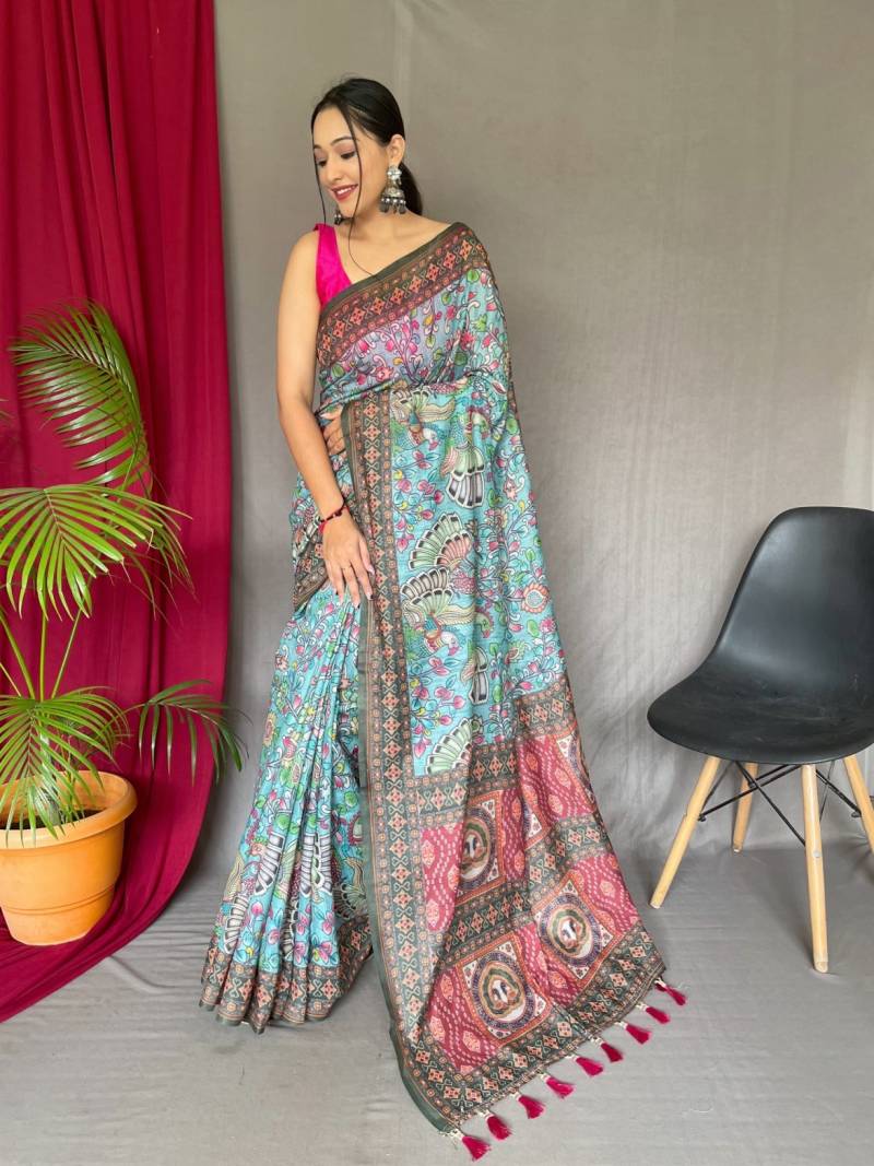 Sctf Bandhani Kalam Malai Cotton Kalamkari Patterns Saree