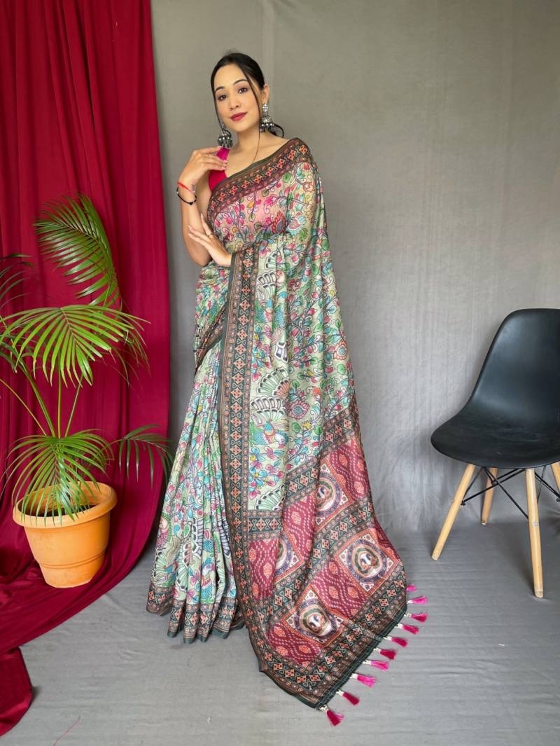 Sctf Bandhani Kalam Malai Cotton Kalamkari Patterns Saree