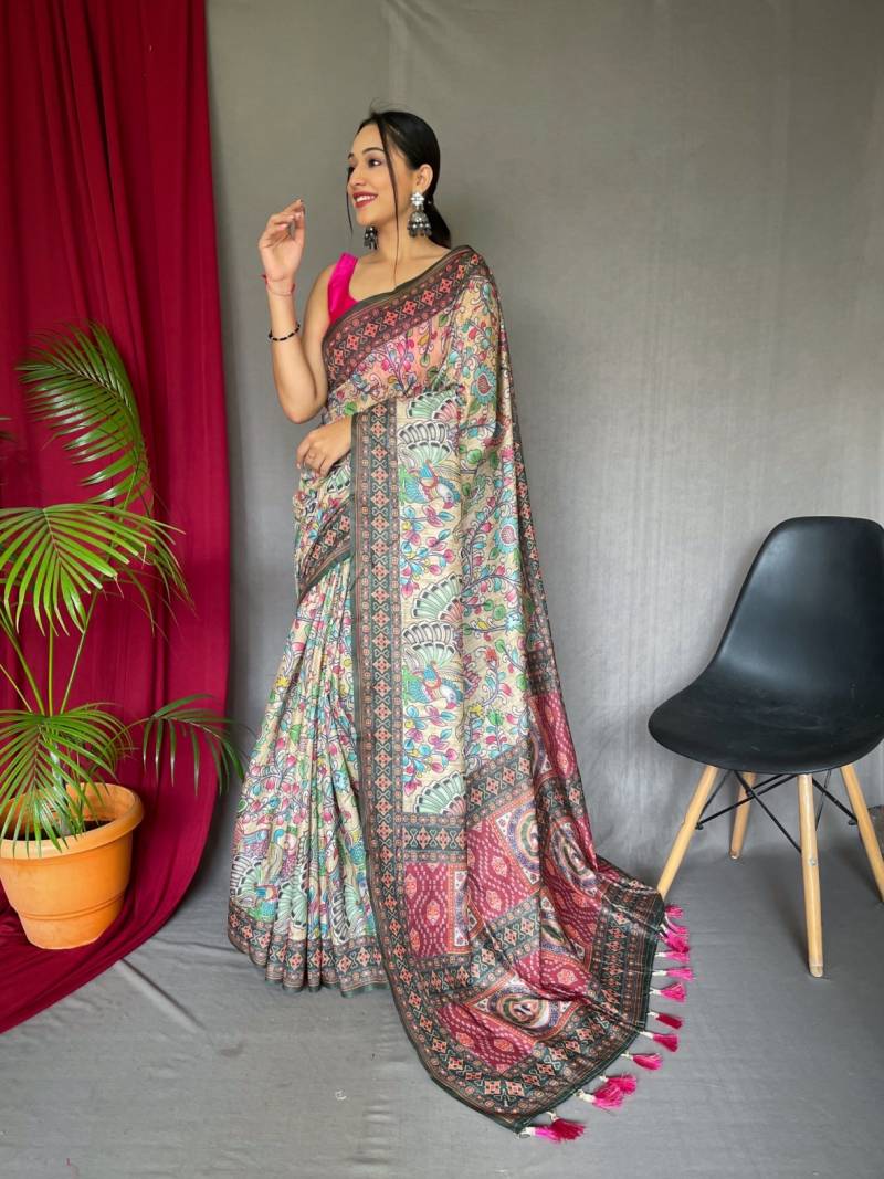 Sctf Bandhani Kalam Malai Cotton Kalamkari Patterns Saree