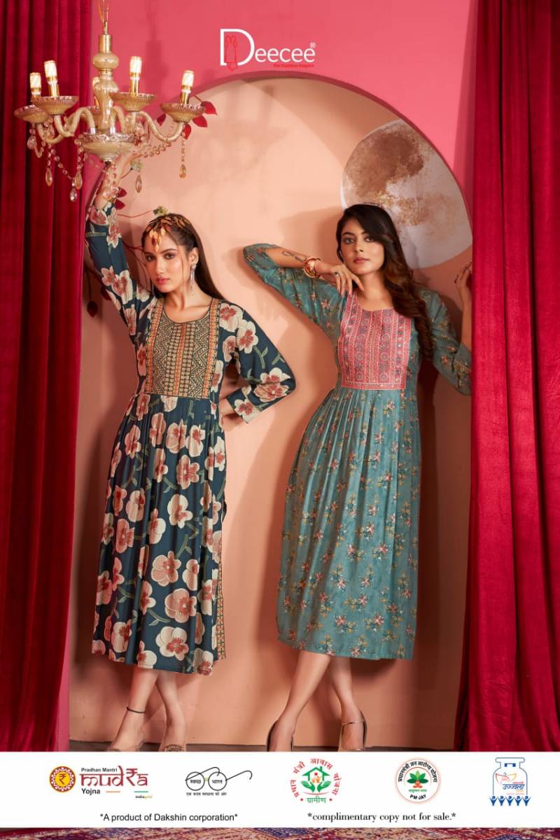 Deecee Pankhudi Rayon Printed Long Nyra Cut Kurtis Collection