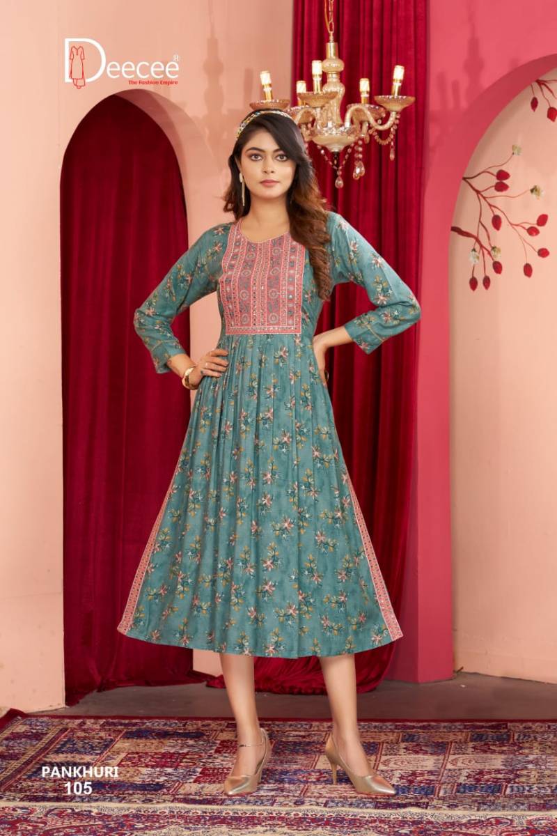 Deecee Pankhudi Rayon Printed Long Nyra Cut Kurtis Collection