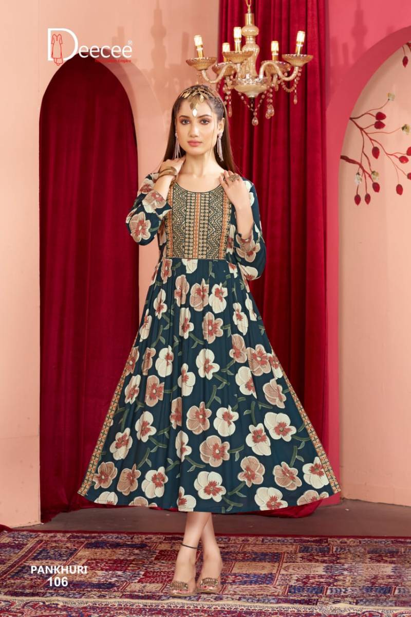 Deecee Pankhudi Rayon Printed Long Nyra Cut Kurtis Collection