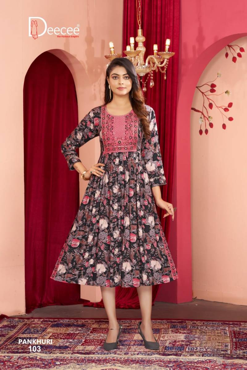 Deecee Pankhudi Rayon Printed Long Nyra Cut Kurtis Collection