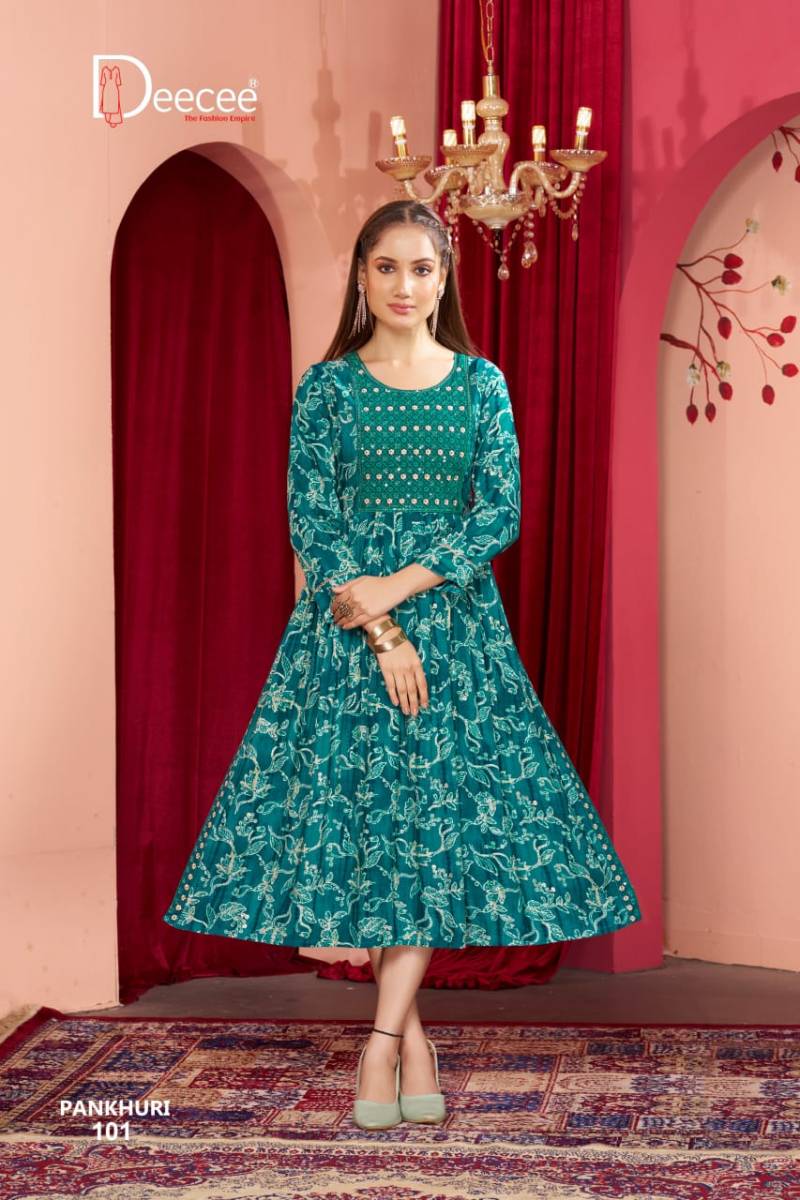 Deecee Pankhudi Rayon Printed Long Nyra Cut Kurtis Collection