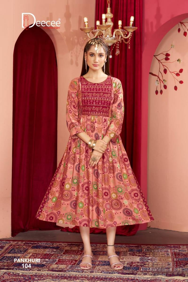 Deecee Pankhudi Rayon Printed Long Nyra Cut Kurtis Collection