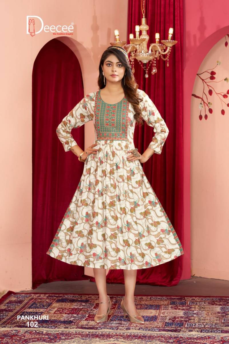 Deecee Pankhudi Rayon Printed Long Nyra Cut Kurtis Collection