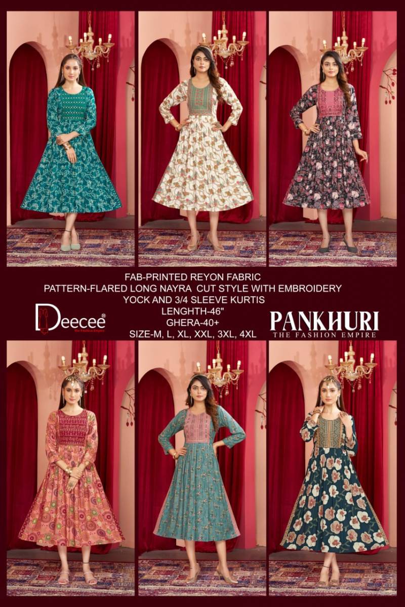 Deecee Pankhudi Rayon Printed Long Nyra Cut Kurtis Collection