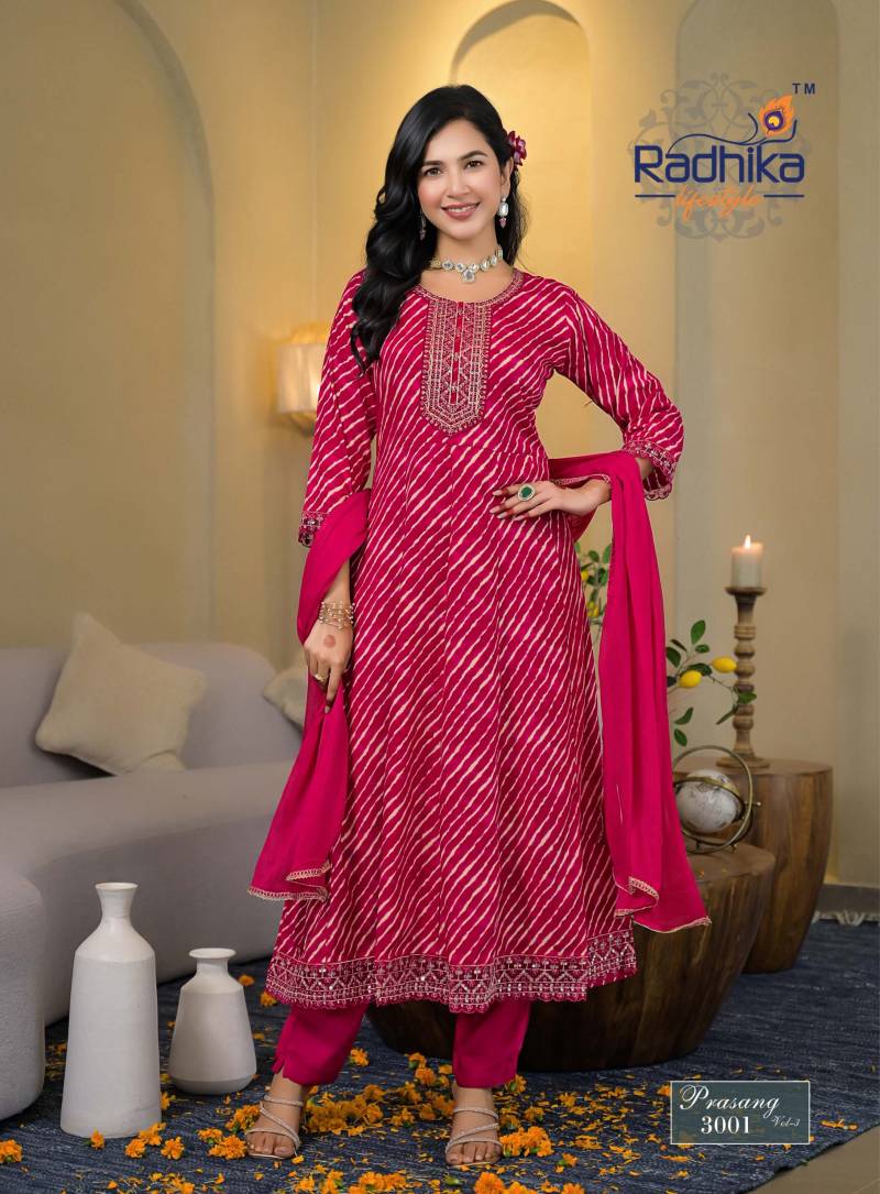 Radhika Prasang Vol 3 Rayon Print Embroidery Kurti Pant And Dupatta