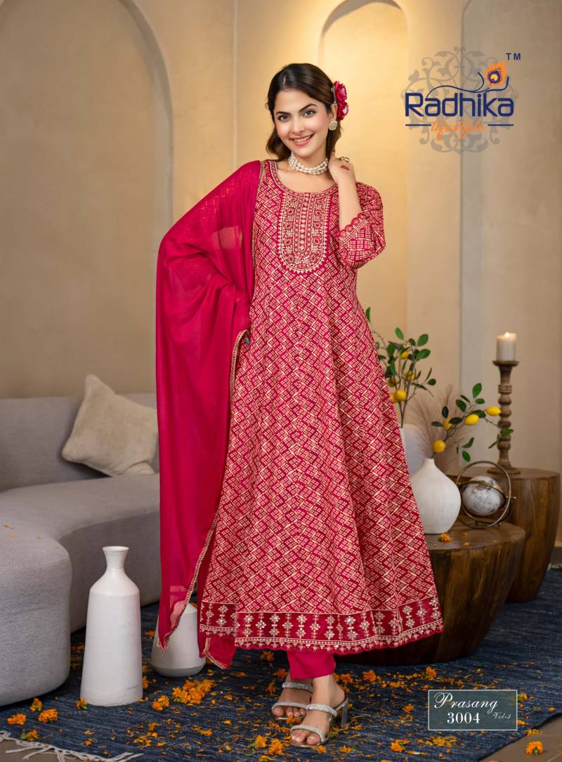 Radhika Prasang Vol 3 Rayon Print Embroidery Kurti Pant And Dupatta