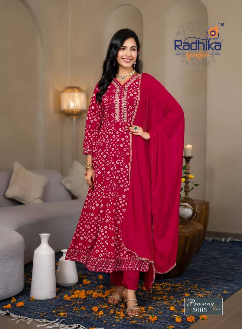 Radhika Prasang Vol 3 Rayon Print Embroidery Kurti Pant And Dupatta