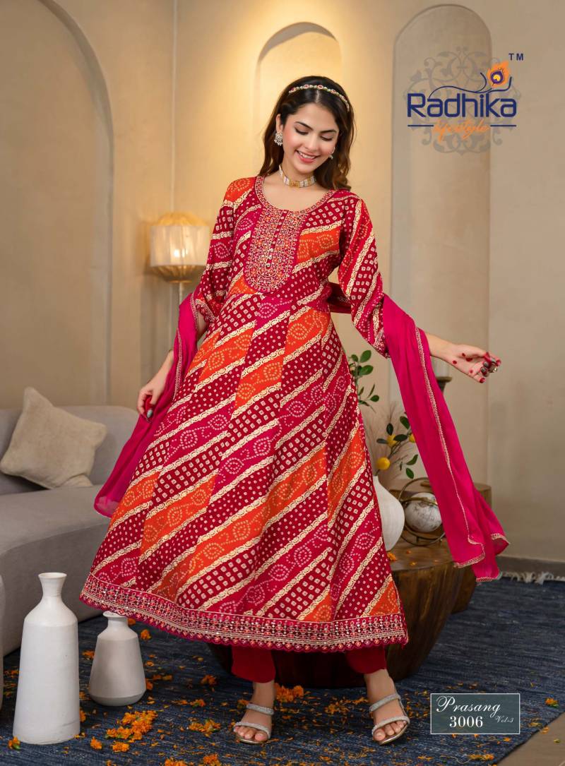 Radhika Prasang Vol 3 Rayon Print Embroidery Kurti Pant And Dupatta