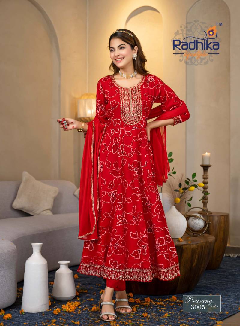 Radhika Prasang Vol 3 Rayon Print Embroidery Kurti Pant And Dupatta