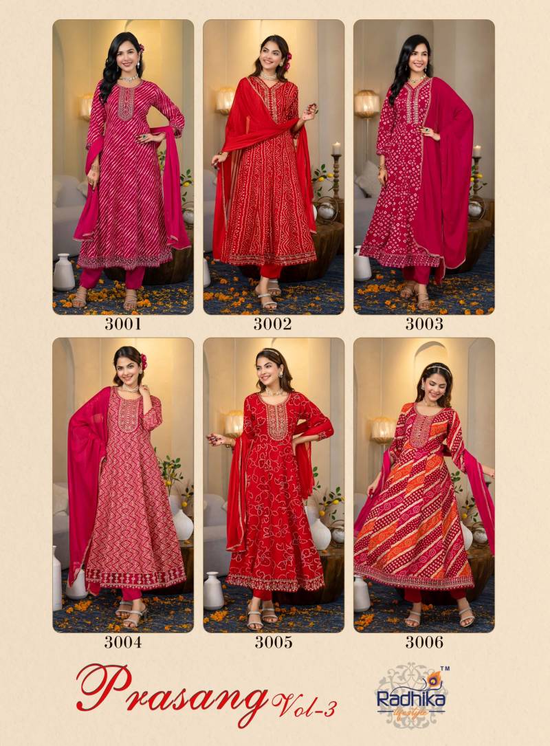 Radhika Prasang Vol 3 Rayon Print Embroidery Kurti Pant And Dupatta