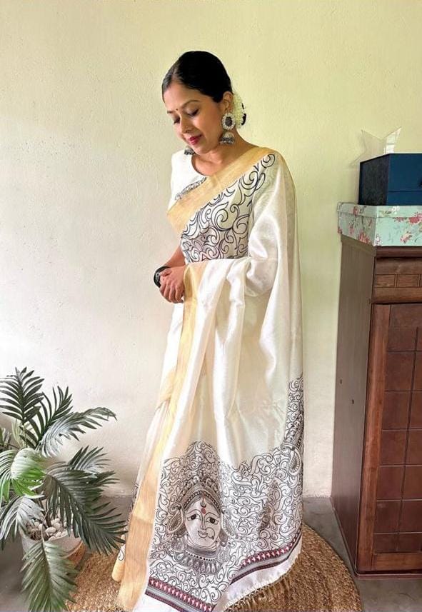 Sf MG606 Linen Digital Printed Gold Zari Border Saree